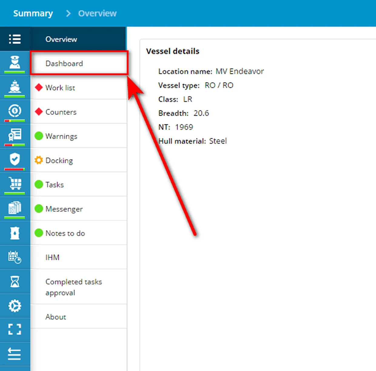 Dashboard overview in maritime fleet management software interface.