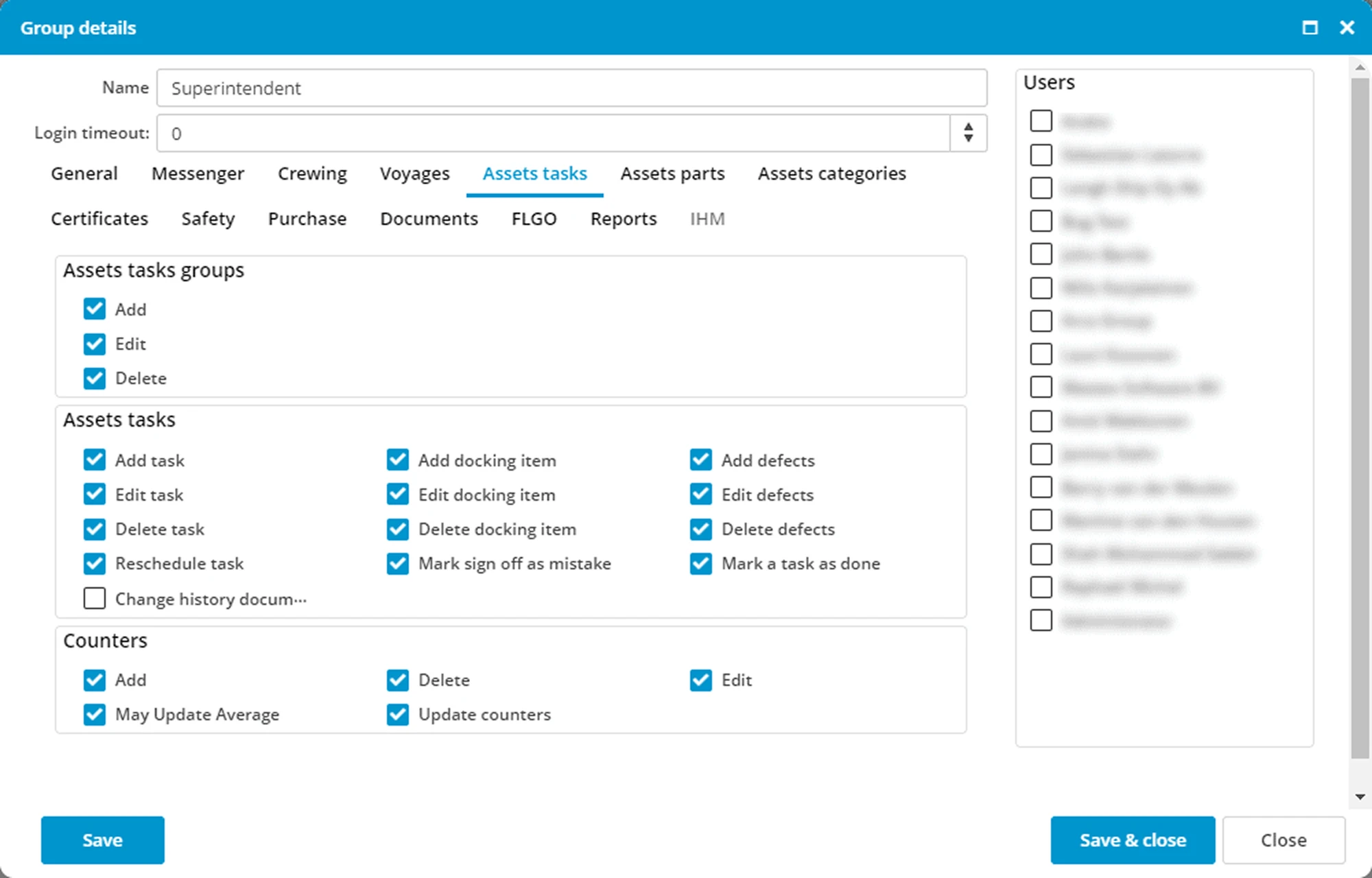 User group permissions settings in maritime planned maintenance system software.